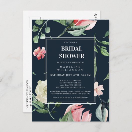 AQUAREL ROZE BLOEMEN BRUIDSSCHOONPARTY UITNODIGING (Voorkant / Achterkant)