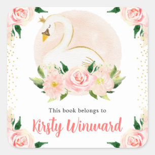 Aquarel Roze Bloemen en Zwaan Ex-Libris Vierkante Sticker