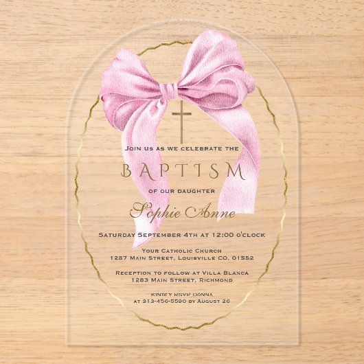 Aquarel Roze Bow Meisje Doop Transparant Acryl Uitnodigingen (Voorkant)