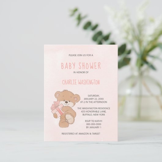 Aquarel Roze Eenvoudige Teddyshower voor Baby'tje Briefkaart (Staand voorkant)