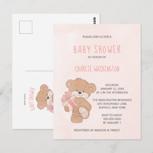 Aquarel Roze Eenvoudige Teddyshower voor Baby'tje Briefkaart (Voorkant / Achterkant)