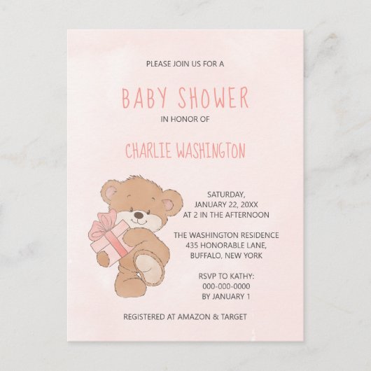 Aquarel Roze Eenvoudige Teddyshower voor Baby'tje Briefkaart (Voorkant)