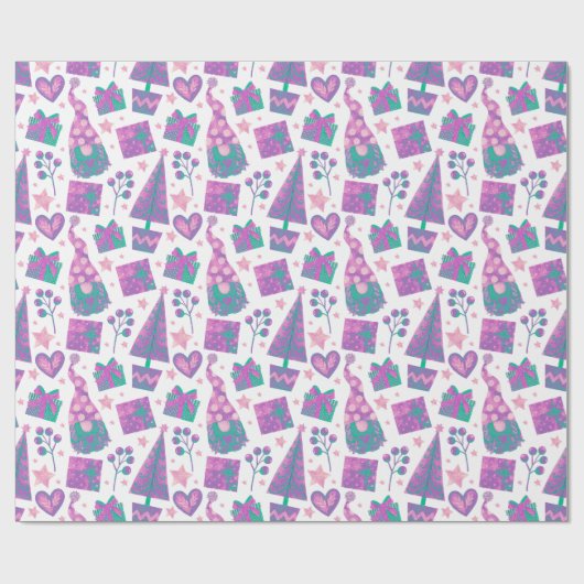 Aquarel Roze Feestelijke Gnomen Kerstpakket Cadeaupapier (Vlak)