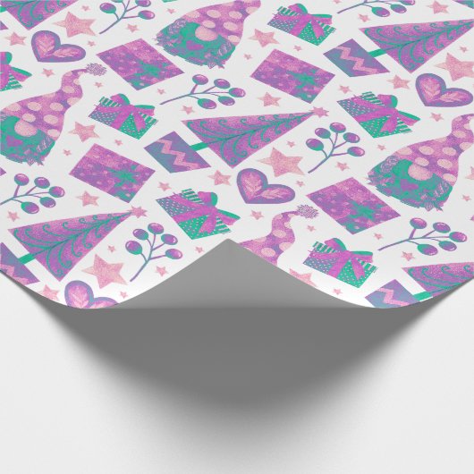 Aquarel Roze Feestelijke Gnomen Kerstpakket Cadeaupapier (Hoek)