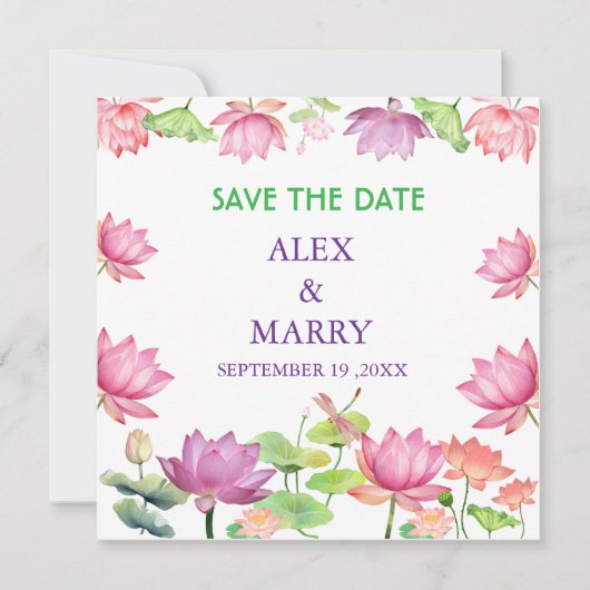 Aquarel Roze Lotus Bloementuin Opslag Bericht Datu Save The Date (Voorkant)