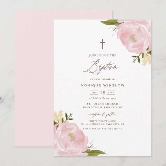 Aquarel Roze Pioen Doop Uitnodiging (Voorkant / Achterkant)