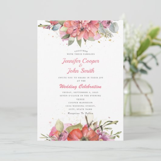 Aquarel Roze Rood Bloemen Bruiloft Kaart (Staand voorkant)