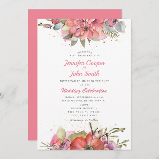 Aquarel Roze Rood Bloemen Bruiloft Kaart (Voorkant / Achterkant)