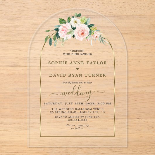 Aquarel Roze Witte Bloemen Gouden Boog Trouwen Acryl Uitnodigingen (Voorkant)