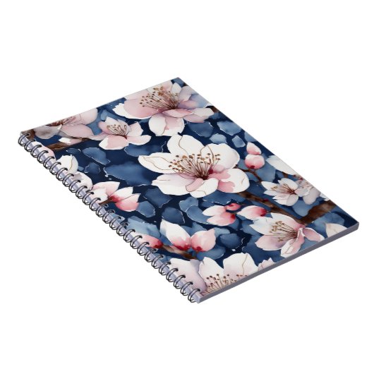 Aquarel Sakura Bloemendesign Marineblauw Elegante  Notitieboek (Rechterzijde)