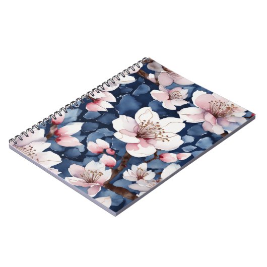 Aquarel Sakura Bloemendesign Marineblauw Elegante  Notitieboek (Linkerzijde)