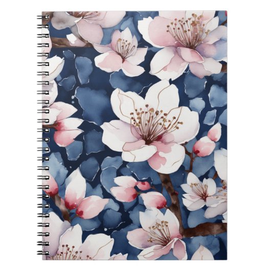 Aquarel Sakura Bloemendesign Marineblauw Elegante  Notitieboek (Voorkant)