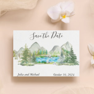 Aquarel Save the Date Berg Bos Rivier Aankondigingskaart