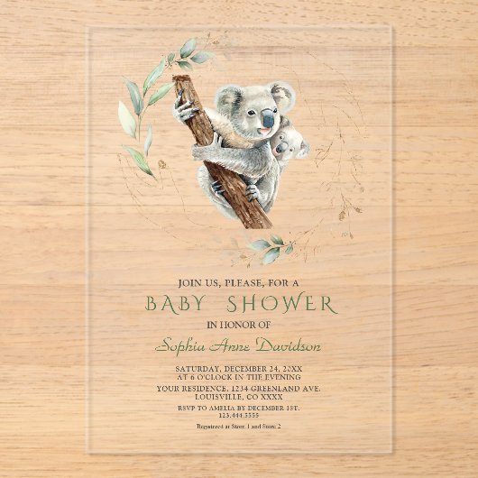 Aquarel Schattige Koala Greenery Gold Baby shower Acryl Uitnodigingen (Voorkant)