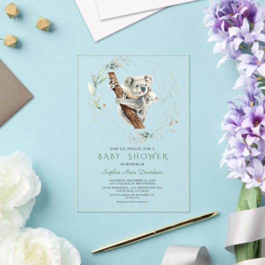 Aquarel Schattige Koala Greenery Gold Baby shower Acryl Uitnodigingen (Insitu (Huwelijk))
