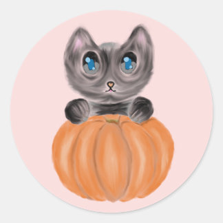 Aquarel Schattigee kat en pompoen Sticker