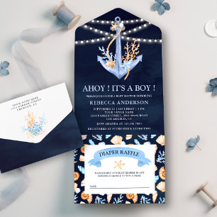 Aquarel Scheepsanker Navyblauwe Baby Shower All In One Uitnodiging
