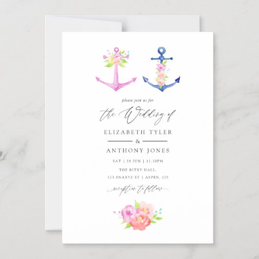 Aquarel Scheepvaart Thema Bloemige Trouwdag Magnetische Uitnodiging (Voorkant)