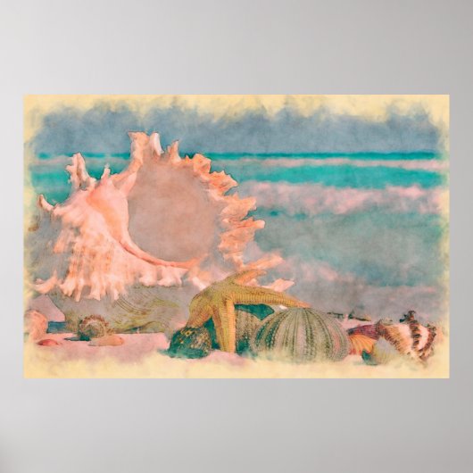 Aquarel Schelpen op Strand Grote Poster (Voorkant)