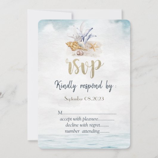 Aquarel Schelpen, Zeewedding RSVP  Kaart (Voorkant)