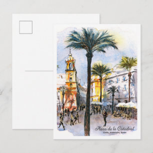 Aquarel schets kathedraalplein Cadiz Spanje Briefkaart