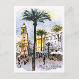 Aquarel schets kathedraalplein Cadiz Spanje Briefkaart