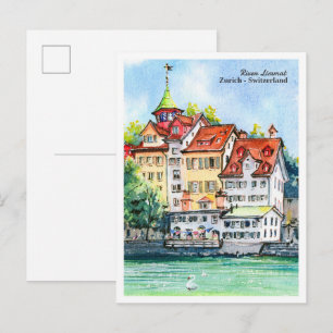 Aquarel schets van rivier Limmat Zürich  Briefkaart