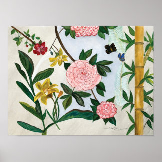 AQUAREL SCHILDERIJ - Bloemen en Vlinders Poster
