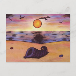 aquarel schilderij mossel op strand bij zonsonderg feestdagenkaart