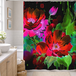 Aquarel Schilderij van Rode Bloemen op Zwart Douchegordijn