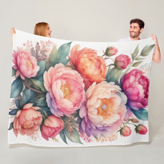 Aquarel Schilderij van Roze Pioenrozen Fleece Deken (In situ)