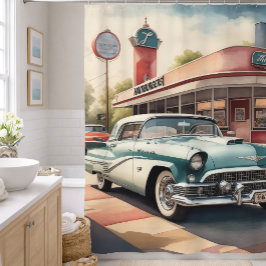 Aquarel Schilderij van Vintage Auto en Diner Douchegordijn