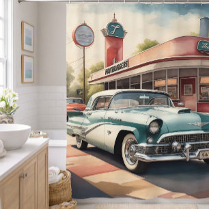 Aquarel Schilderij van Vintage Auto en Diner Douchegordijn