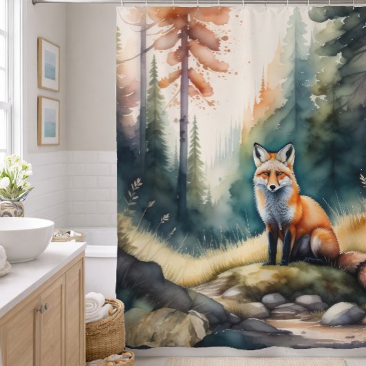 Aquarel Schilderij van Vos in Bos Douchegordijn