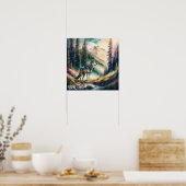 Aquarel Schilderij van Wolf in Bos 1:1 Poster (Keuken)