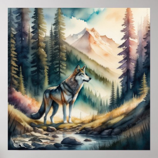 Aquarel Schilderij van Wolf in Bos 1:1 Poster (Voorkant)
