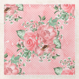 Aquarel Shabby Chic Roze Rozen en Stippen Glazen Onderzetter