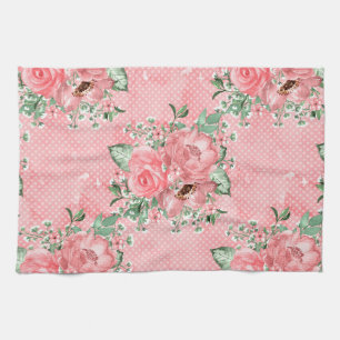 Aquarel Shabby Chic Roze Rozen en Stippen Theedoek