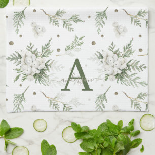 Aquarel Sneeuwbes Witte Ceder Tak Kerstmis Theedoek