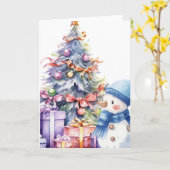 Aquarel Sneeuwman met blauwe sjaal & kerstboom Kaart (Gele Bloem)