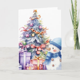 Aquarel Sneeuwman met blauwe sjaal & kerstboom Kaart