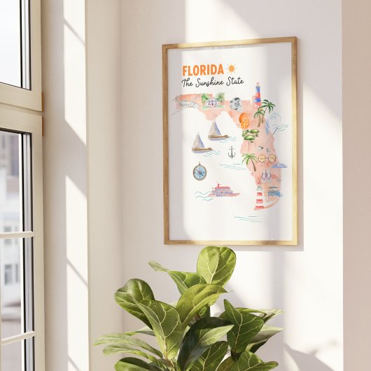 Aquarel Staatskunstkaart van Florida Poster