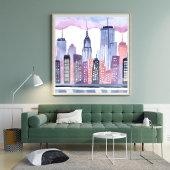 Aquarel Stadsgezicht Silhouette Schilderij Poster