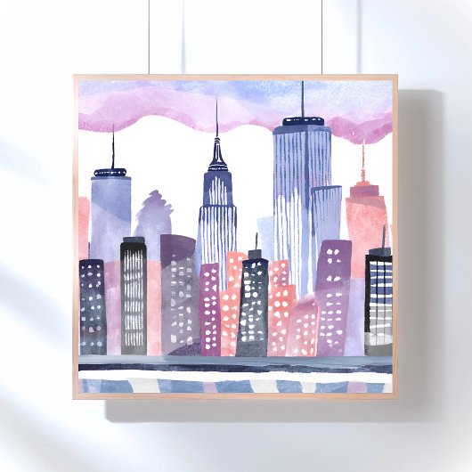 Aquarel Stadsgezicht Silhouette Schilderij Poster