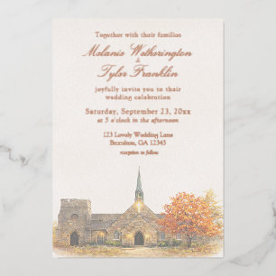 Aquarel stenen kapel herfst bruiloft uitnodiging