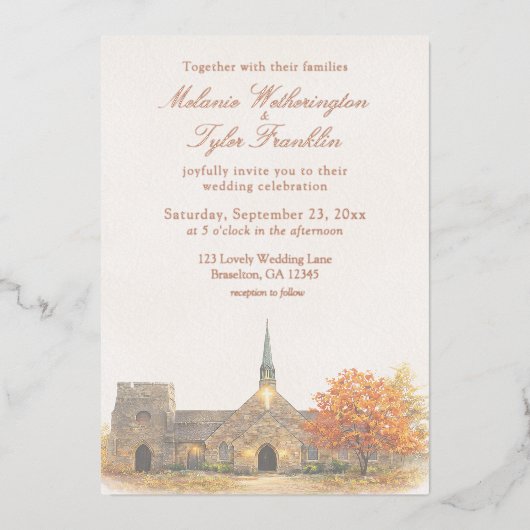 Aquarel stenen kapel herfst bruiloft uitnodiging (Voorkant)