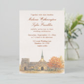 Aquarel stenen kapel herfst bruiloft uitnodiging (Staand Voorkant)
