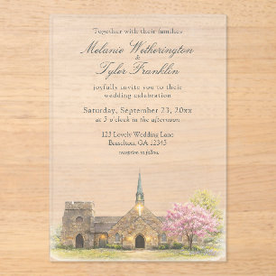 Aquarel Stenen Kapel Lente Bruiloft Acryl Uitnodigingen