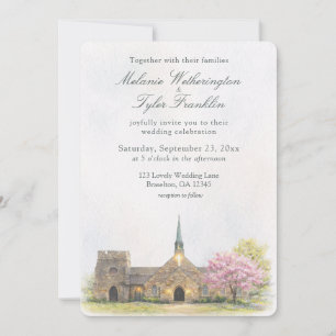 Aquarel stenen kapel lente trouwkaart kaart