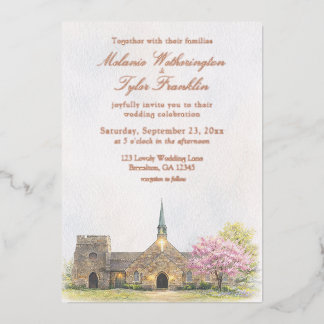Aquarel Stenen Kapel Lente Trouwuitnodiging Folie Uitnodiging